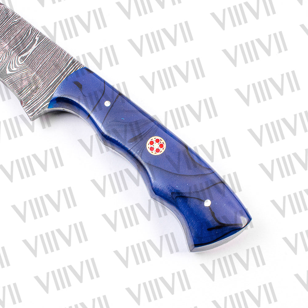 Damascus Steel Skinner Knife – Blue Wavy Resin Handle | Hand Forged Full Tang Hunting Knife for Outdoors & Gifting