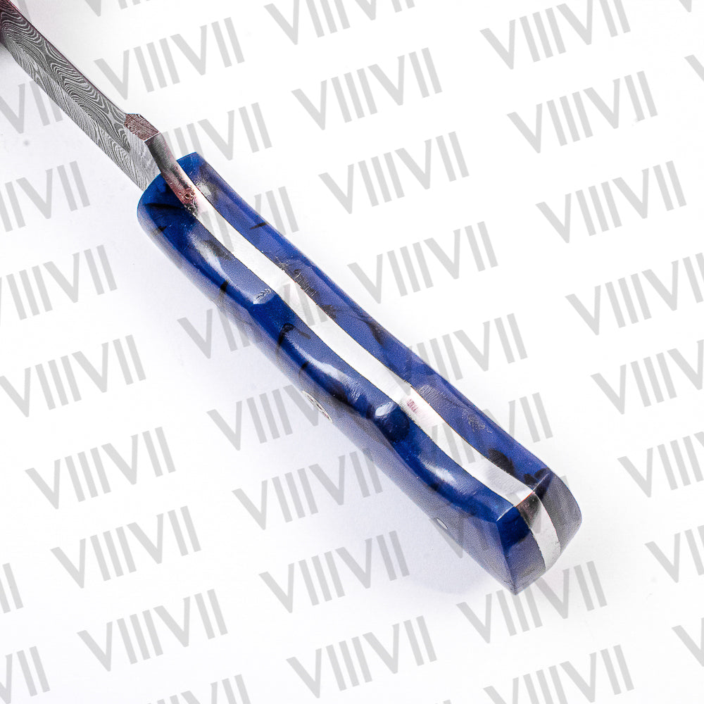 Damascus Steel Skinner Knife – Blue Wavy Resin Handle | Hand Forged Full Tang Hunting Knife for Outdoors & Gifting