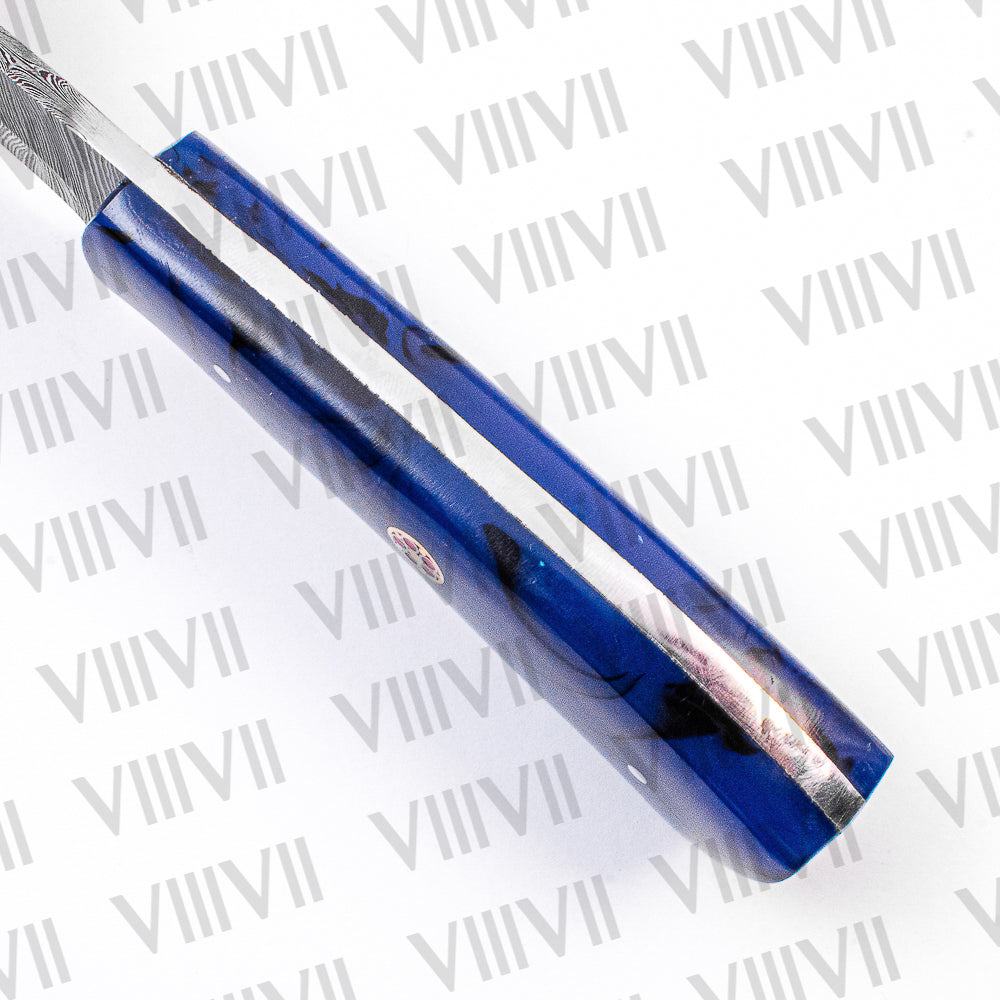 Damascus Steel Skinner Knife – Blue Wavy Resin Handle | Hand Forged Full Tang Hunting Knife for Outdoors & Gifting