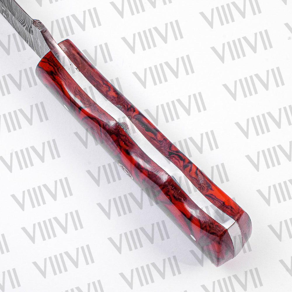 Damascus Steel Skinning Knife – Red Wavy Resin Handle | Hand Forged Full Tang Hunting Knife for Outdoors & Gifting