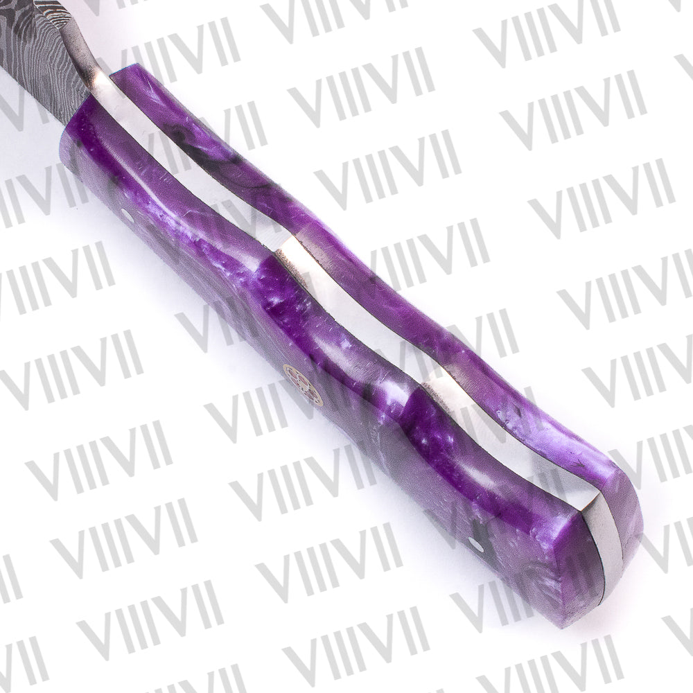 Damascus Skinning Knife – Purple Wavy Resin Handle | Hand Forged Full Tang Knife for Hunting, Camping & Gifting