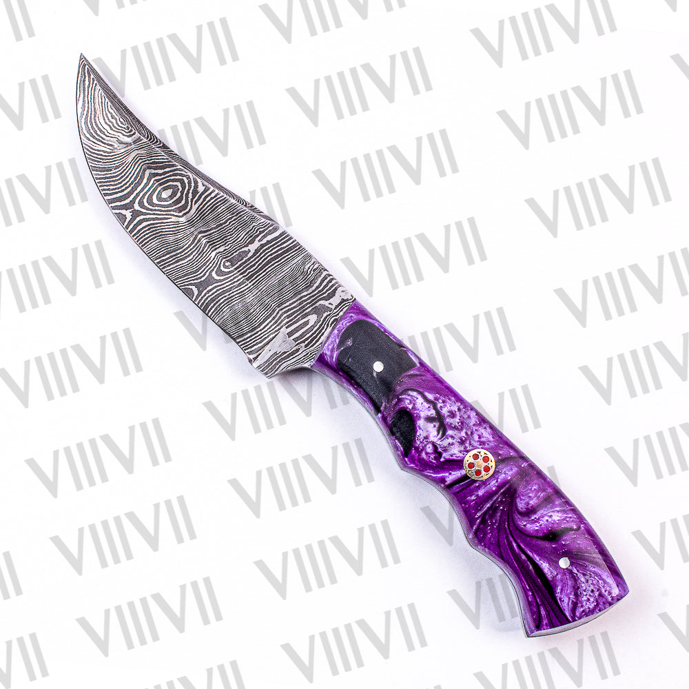 Damascus Skinning Knife – Purple Wavy Resin Handle | Hand Forged Full Tang Knife for Hunting, Camping & Gifting