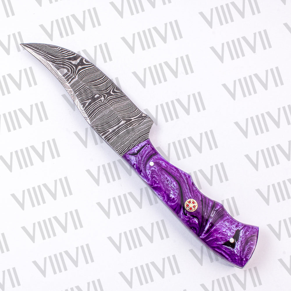 Damascus Skinning Knife – Purple Wavy Resin Handle | Hand Forged Full Tang Knife for Hunting, Camping & Gifting