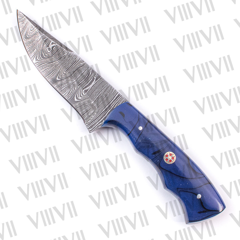 Damascus Steel Skinner Knife – Blue Wavy Resin Handle | Hand Forged Full Tang Hunting Knife for Outdoors & Gifting