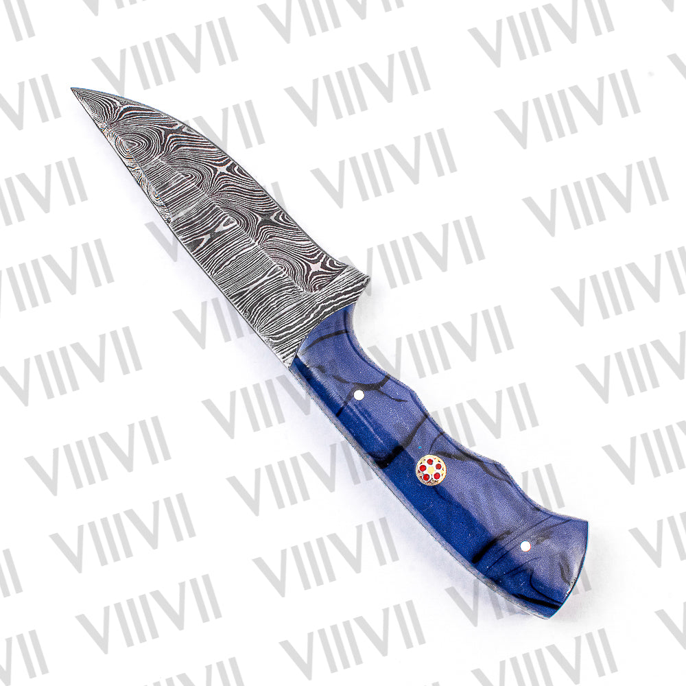 Damascus Steel Skinner Knife – Blue Wavy Resin Handle | Hand Forged Full Tang Hunting Knife for Outdoors & Gifting