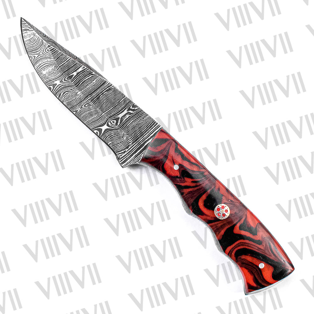 Damascus Steel Skinning Knife – Red Wavy Resin Handle | Hand Forged Full Tang Hunting Knife for Outdoors & Gifting