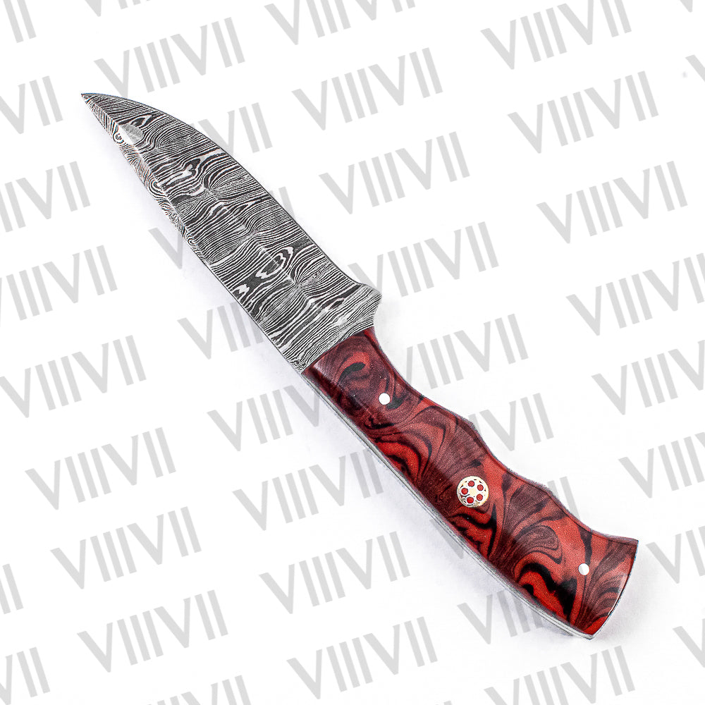 Damascus Steel Skinning Knife – Red Wavy Resin Handle | Hand Forged Full Tang Hunting Knife for Outdoors & Gifting