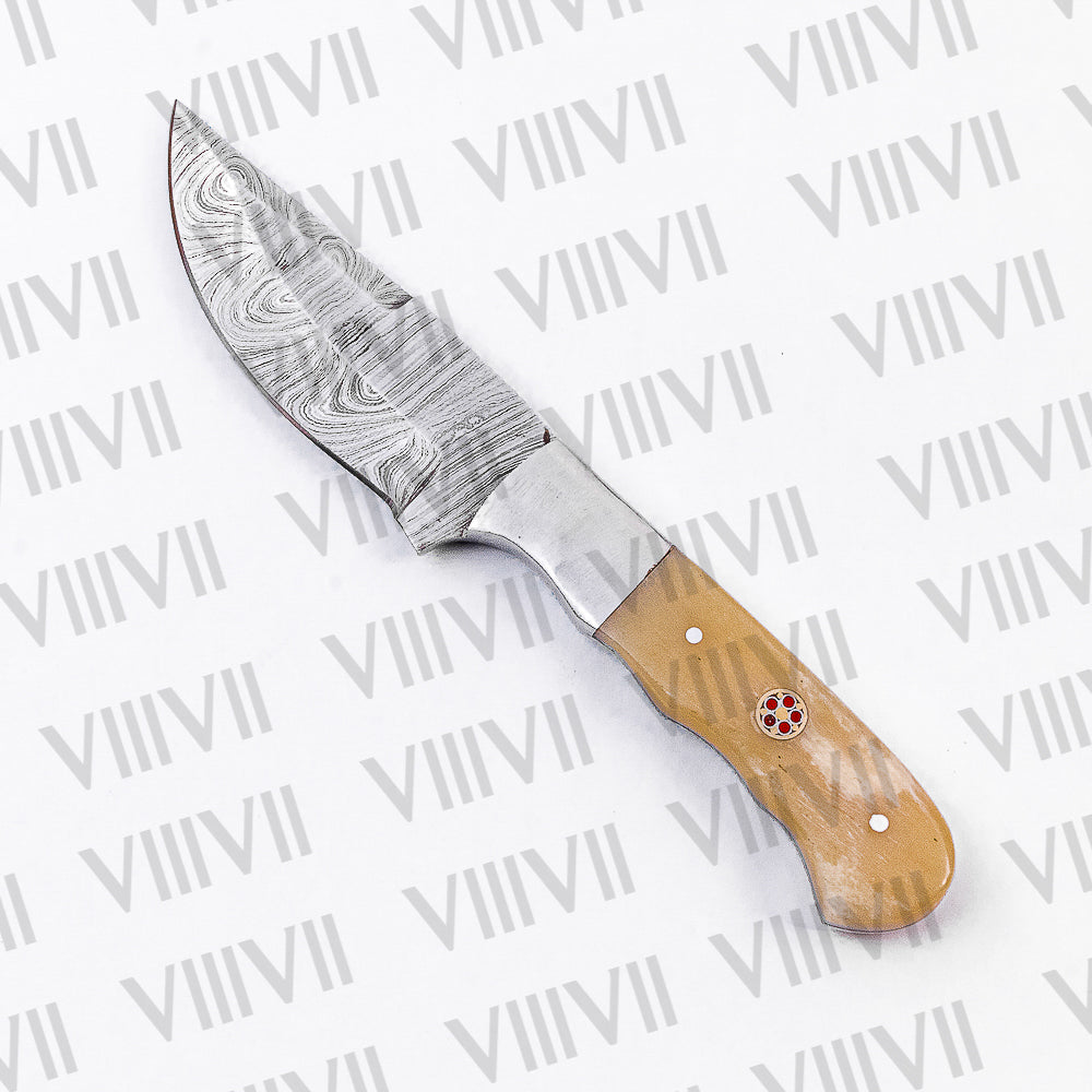 Damascus Steel Skinner Knife with Bone Handle & Steel Bolster – Handmade Hunting Knife for Outdoors & Gifting
