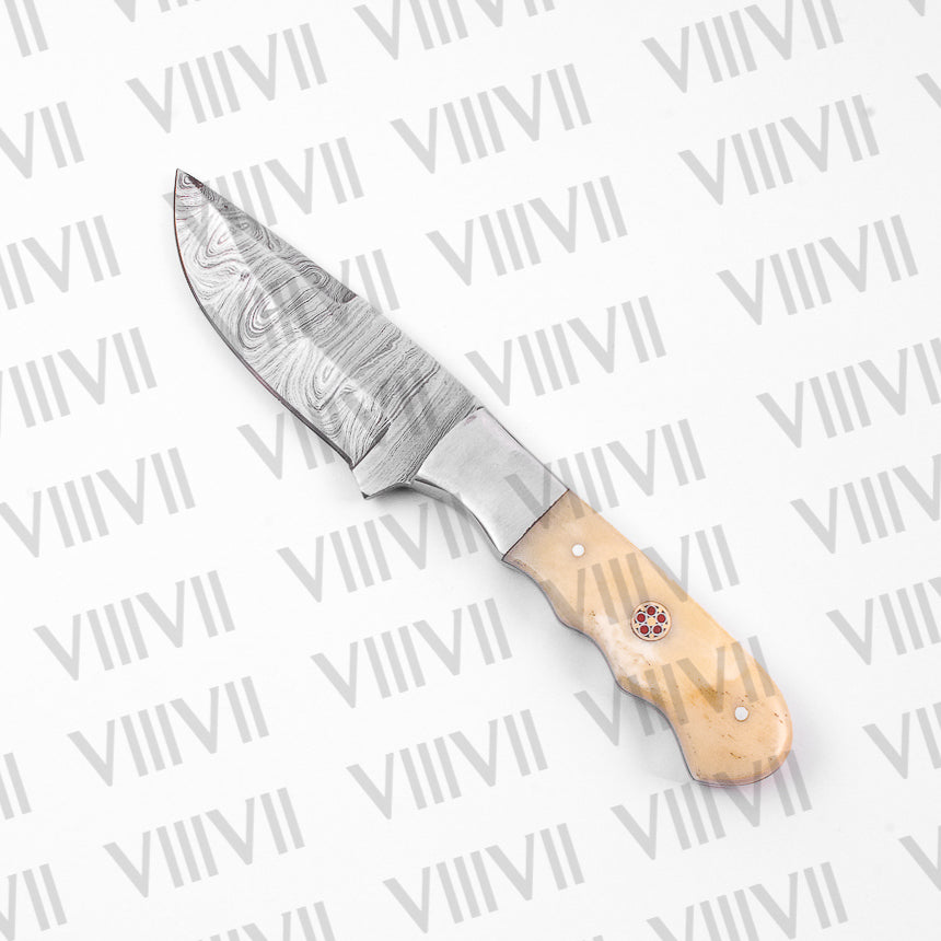 Damascus Steel Skinner Knife with Bone Handle & Steel Bolster – Handmade Hunting Knife for Outdoors & Gifting