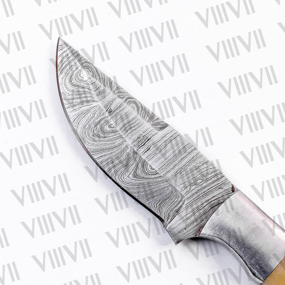 Damascus Steel Skinner Knife with Bone Handle & Steel Bolster – Handmade Hunting Knife for Outdoors & Gifting