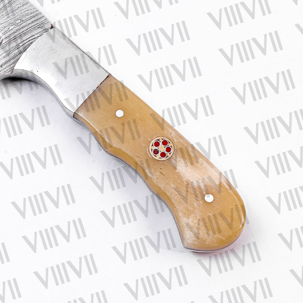 Damascus Steel Skinner Knife with Bone Handle & Steel Bolster – Handmade Hunting Knife for Outdoors & Gifting
