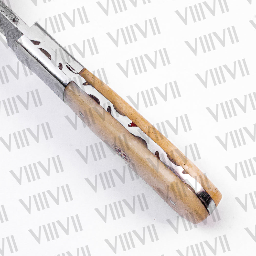 Damascus Steel Skinner Knife with Bone Handle & Steel Bolster – Handmade Hunting Knife for Outdoors & Gifting