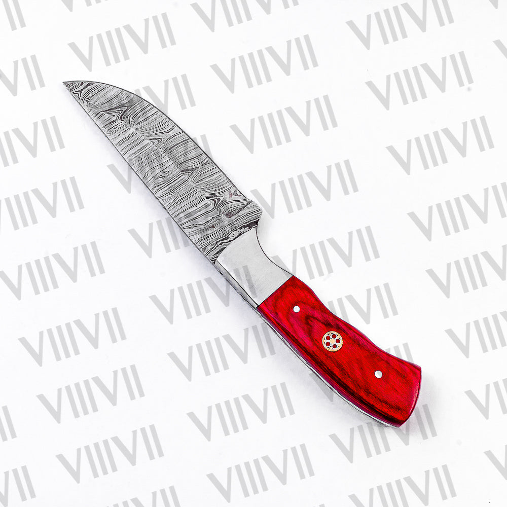 Forged Damascus Steel Camping Knife with Red Wood Handle & Steel Bolster – Outdoor Bushcraft Tool