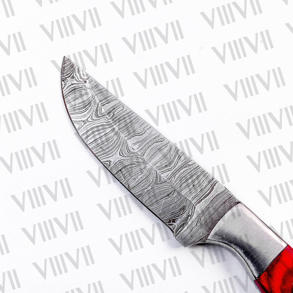 Forged Damascus Steel Camping Knife with Red Wood Handle & Steel Bolster – Outdoor Bushcraft Tool