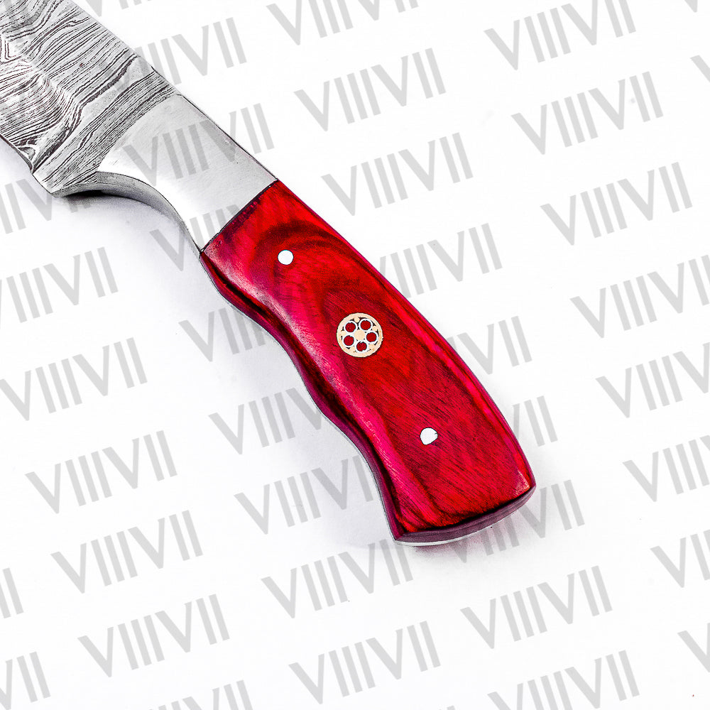 Forged Damascus Steel Camping Knife with Red Wood Handle & Steel Bolster – Outdoor Bushcraft Tool