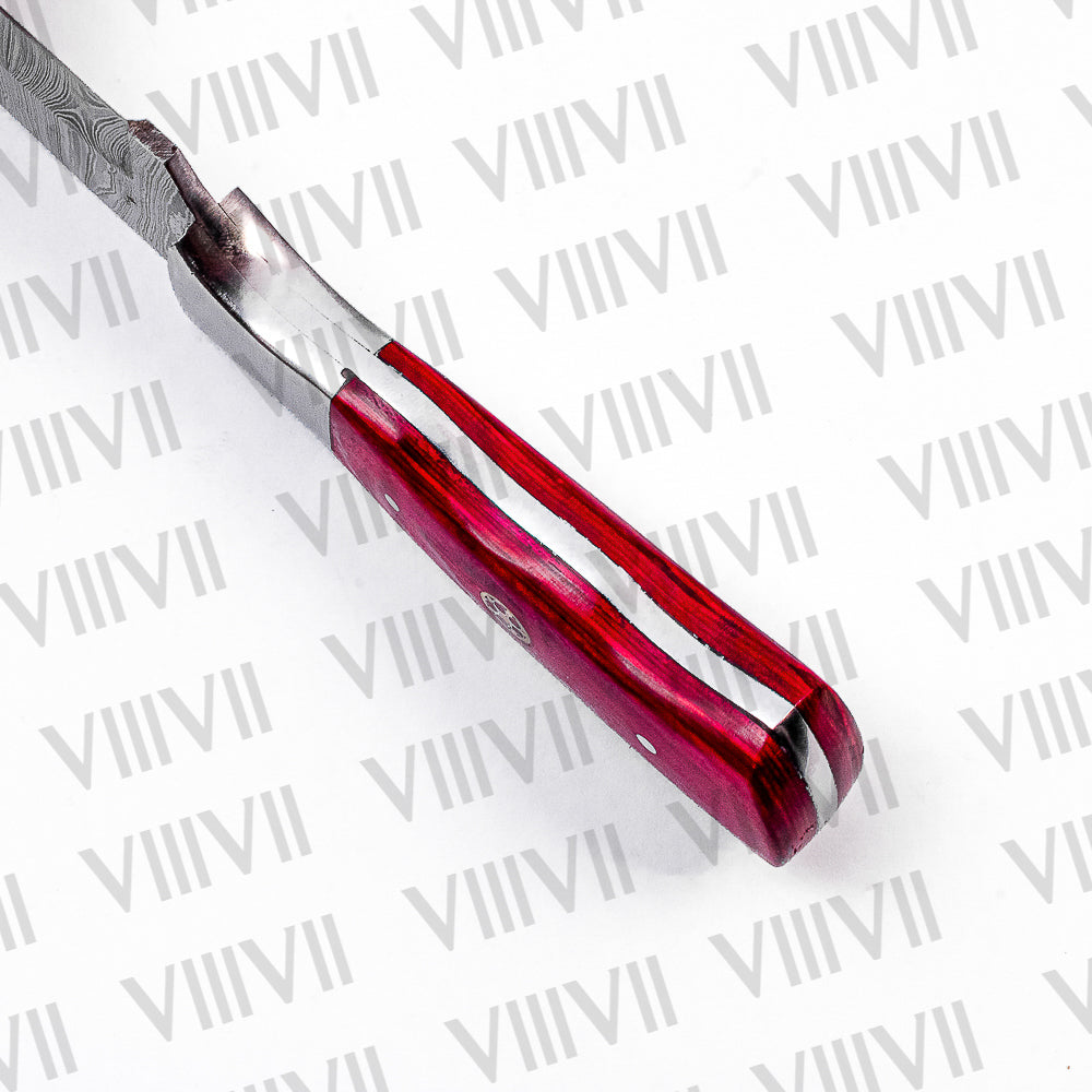 Forged Damascus Steel Camping Knife with Red Wood Handle & Steel Bolster – Outdoor Bushcraft Tool