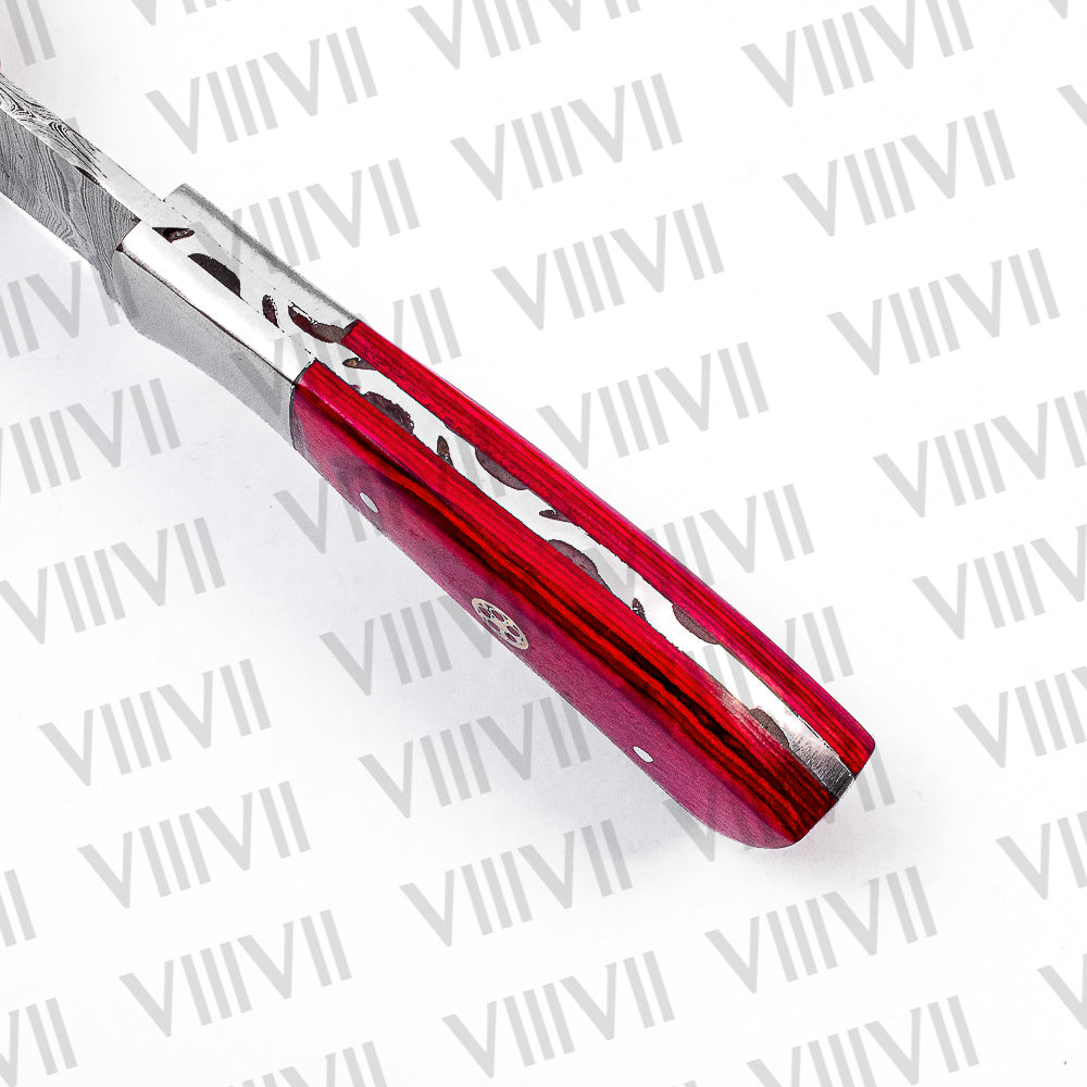 Forged Damascus Steel Camping Knife with Red Wood Handle & Steel Bolster – Outdoor Bushcraft Tool