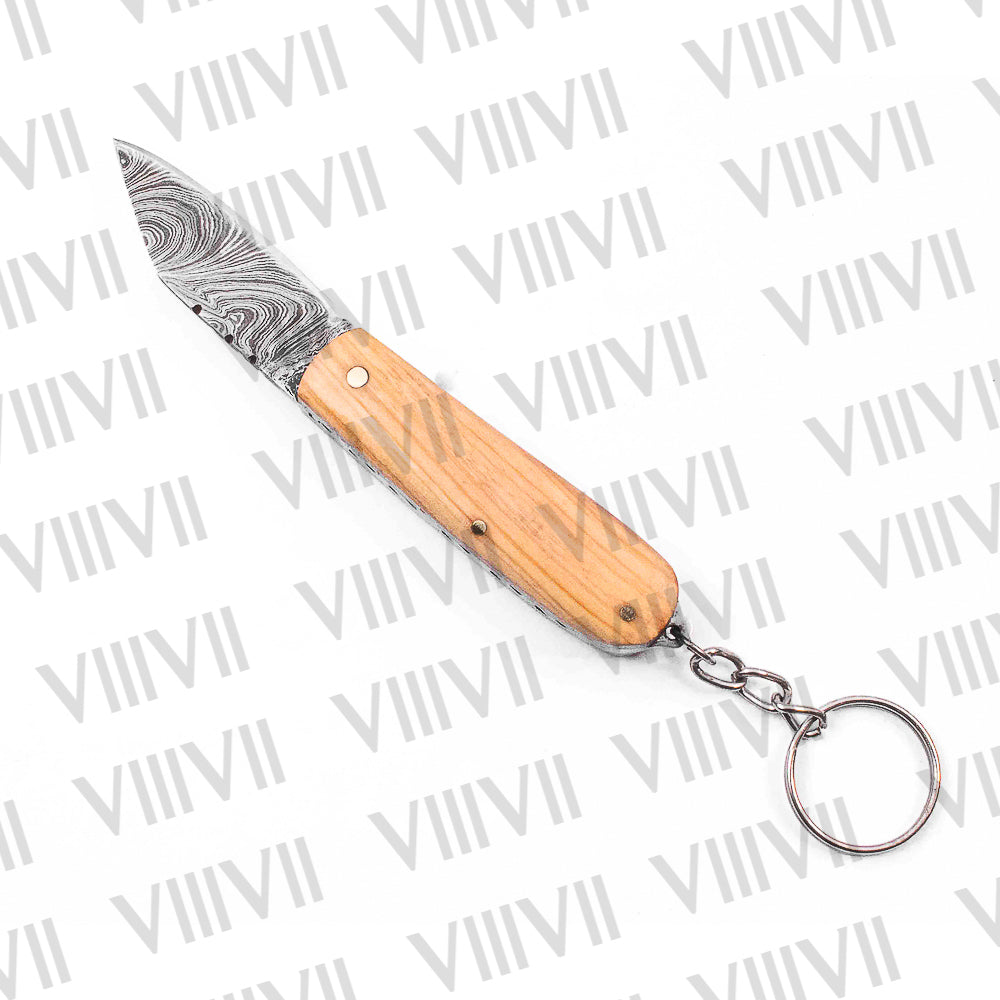 Folding Pocket Knife Keychain – Stainless or Damascus Blade with Olive Wood Handle | Mini EDC Utility Knife for Gifting, Outdoor & Everyday Use