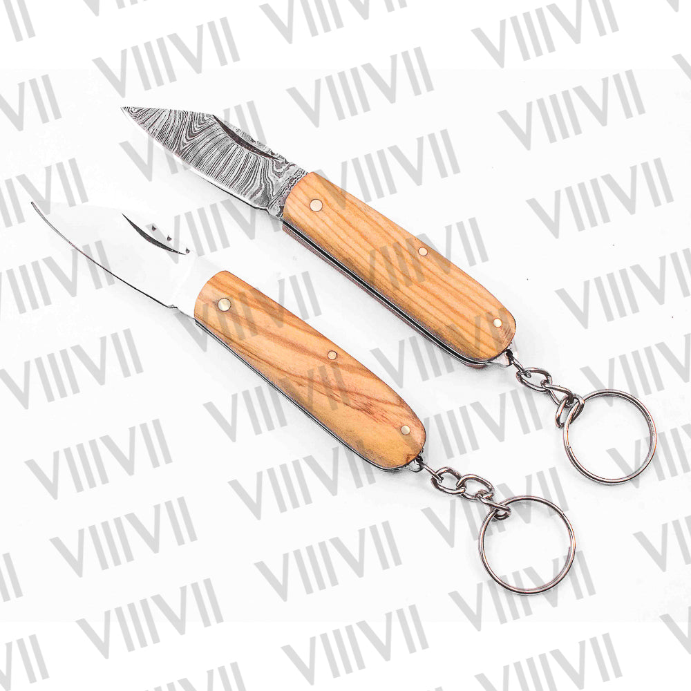 Folding Pocket Knife Keychain – Stainless or Damascus Blade with Olive Wood Handle | Mini EDC Utility Knife for Gifting, Outdoor & Everyday Use