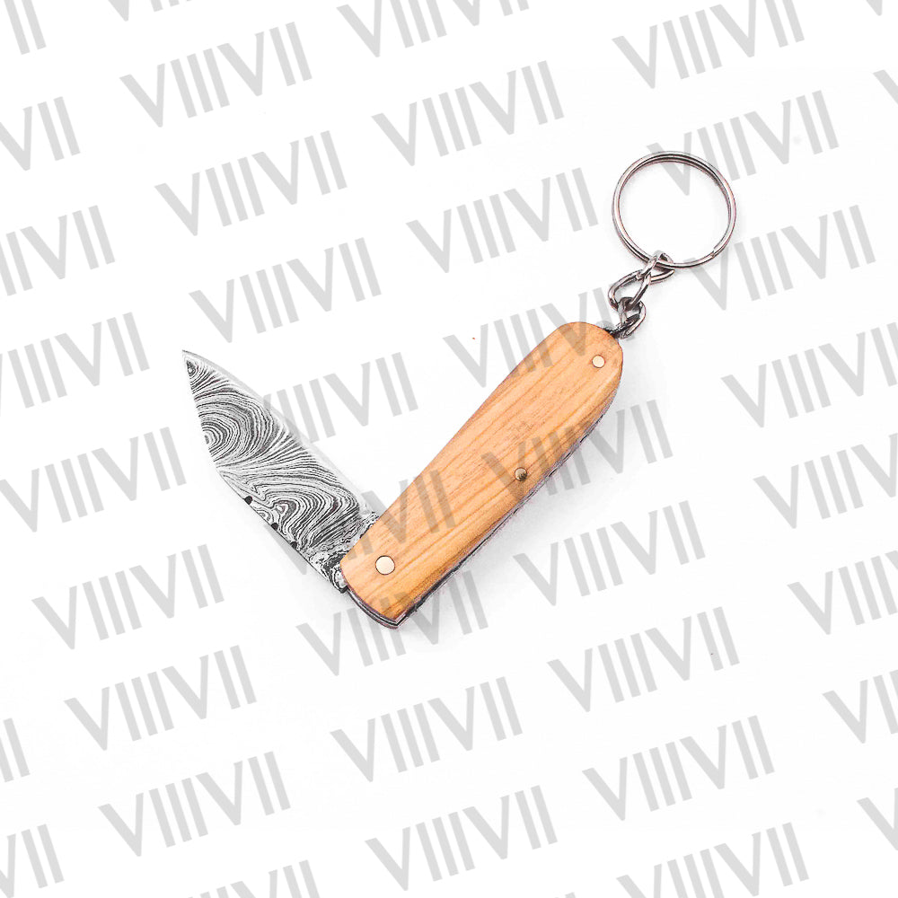 Folding Pocket Knife Keychain – Stainless or Damascus Blade with Olive Wood Handle | Mini EDC Utility Knife for Gifting, Outdoor & Everyday Use