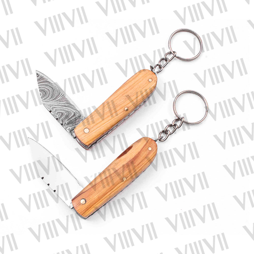 Folding Pocket Knife Keychain – Stainless or Damascus Blade with Olive Wood Handle | Mini EDC Utility Knife for Gifting, Outdoor & Everyday Use