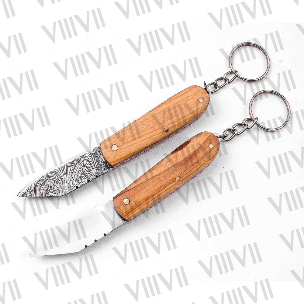 Folding Pocket Knife Keychain – Stainless or Damascus Blade with Olive Wood Handle | Mini EDC Utility Knife for Gifting, Outdoor & Everyday Use
