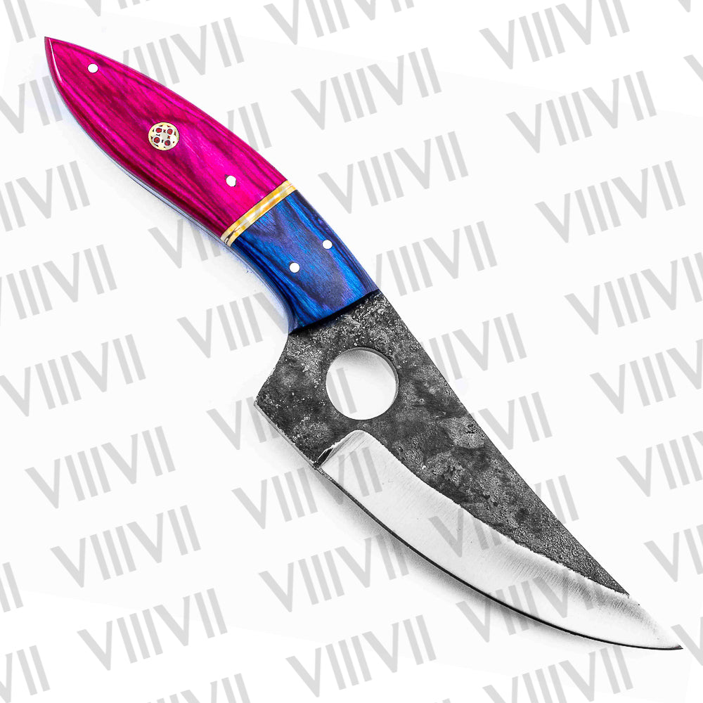 Forged Viking Knife with Pink Wood Handle & Brass Mosaic Pins – 440C Steel Hunting & Outdoor Tool