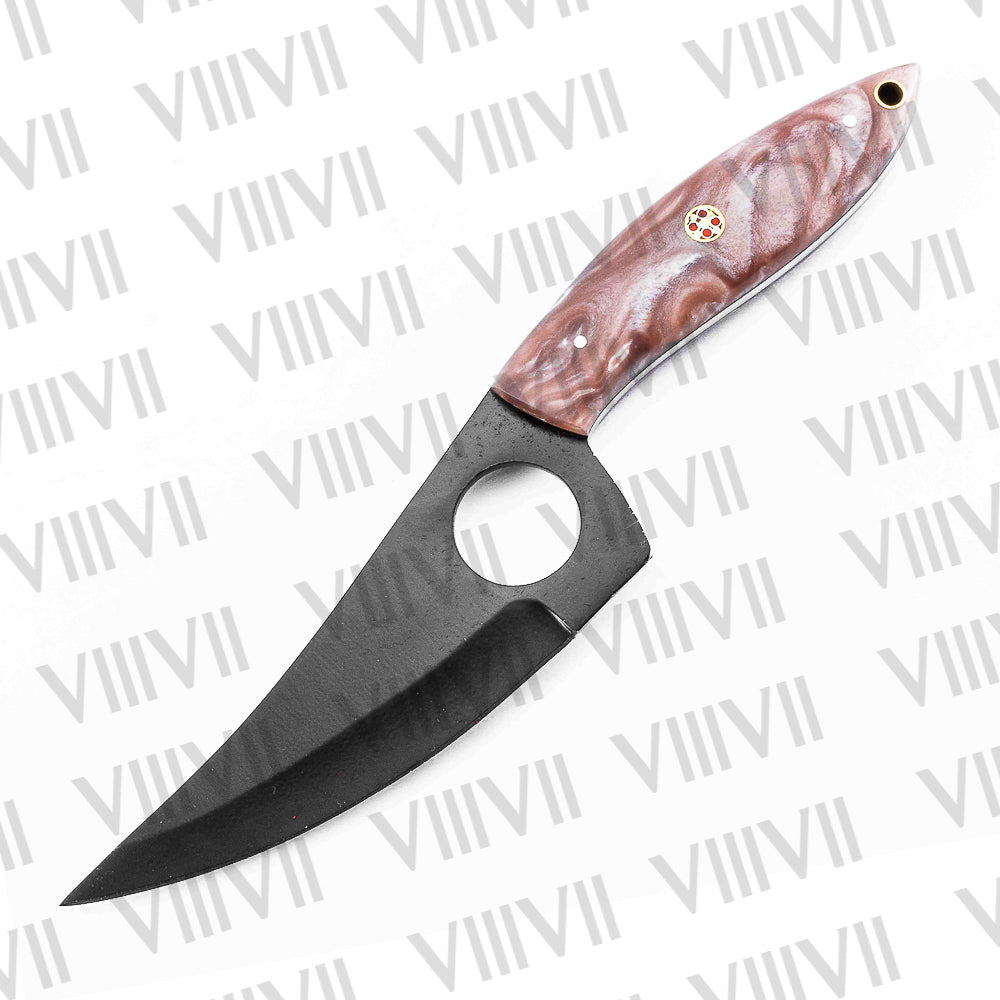 Black Hunting Knife with Wavy Pink Resin Handle – Forged in 440C Steel for Outdoor Use