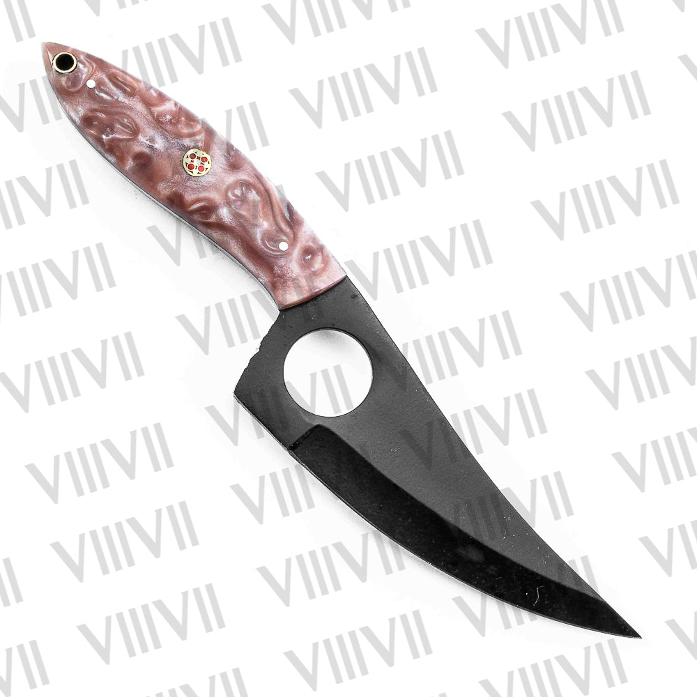 Black Hunting Knife with Wavy Pink Resin Handle – Forged in 440C Steel for Outdoor Use