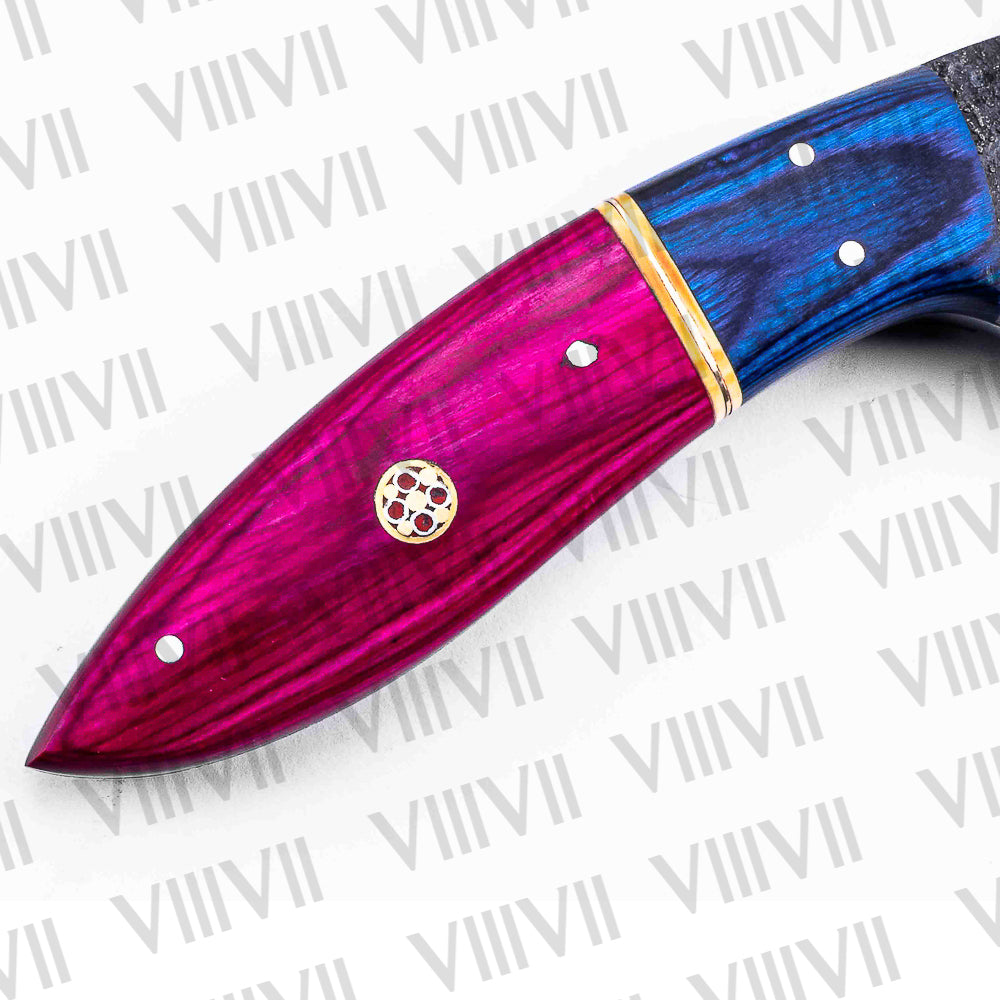 Forged Viking Knife with Pink Wood Handle & Brass Mosaic Pins – 440C Steel Hunting & Outdoor Tool