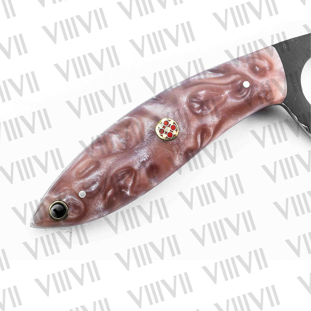 Black Hunting Knife with Wavy Pink Resin Handle – Forged in 440C Steel for Outdoor Use
