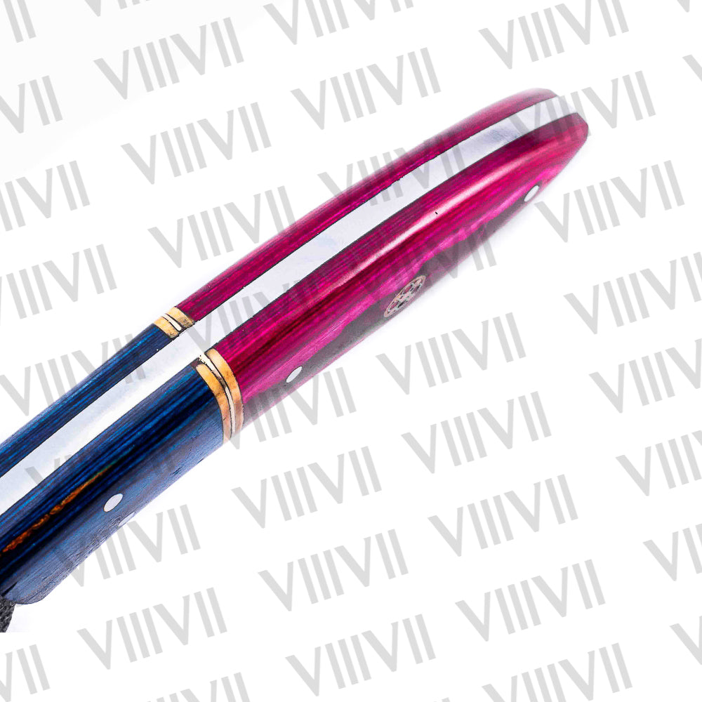 Forged Viking Knife with Pink Wood Handle & Brass Mosaic Pins – 440C Steel Hunting & Outdoor Tool