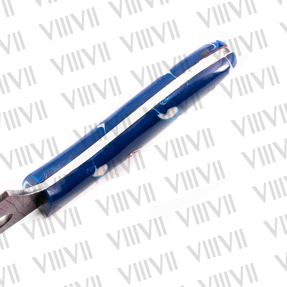 Custom Knife Forged in Damascus Steel with Beautiful Blue Resin Handle Riveted with Brass Mosaic Pins – Hunting & Outdoor Blade