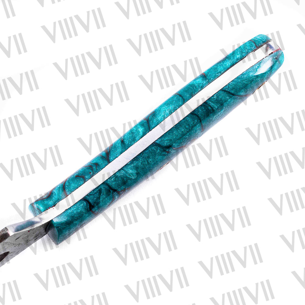 Custom Knife Forged in Damascus Steel with Beautiful Aqua Resin Handle