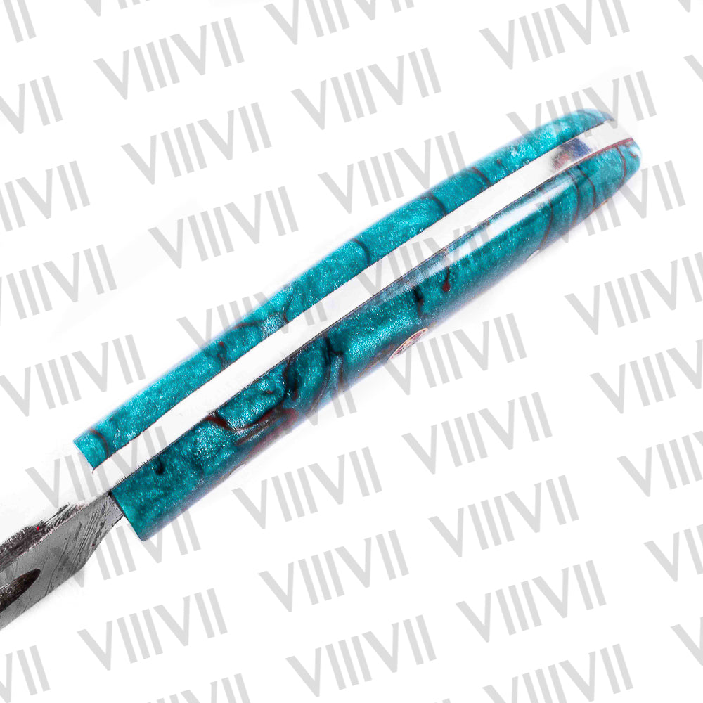 Custom Knife Forged in Damascus Steel with Beautiful Aqua Resin Handle