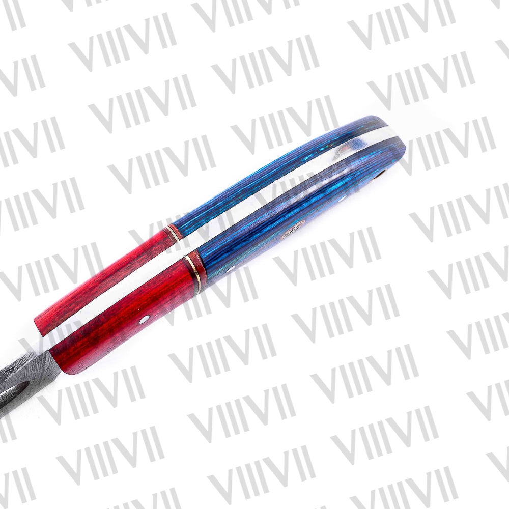 Custom Knife Forged in Damascus Steel with Beautiful Blue Wood Handle