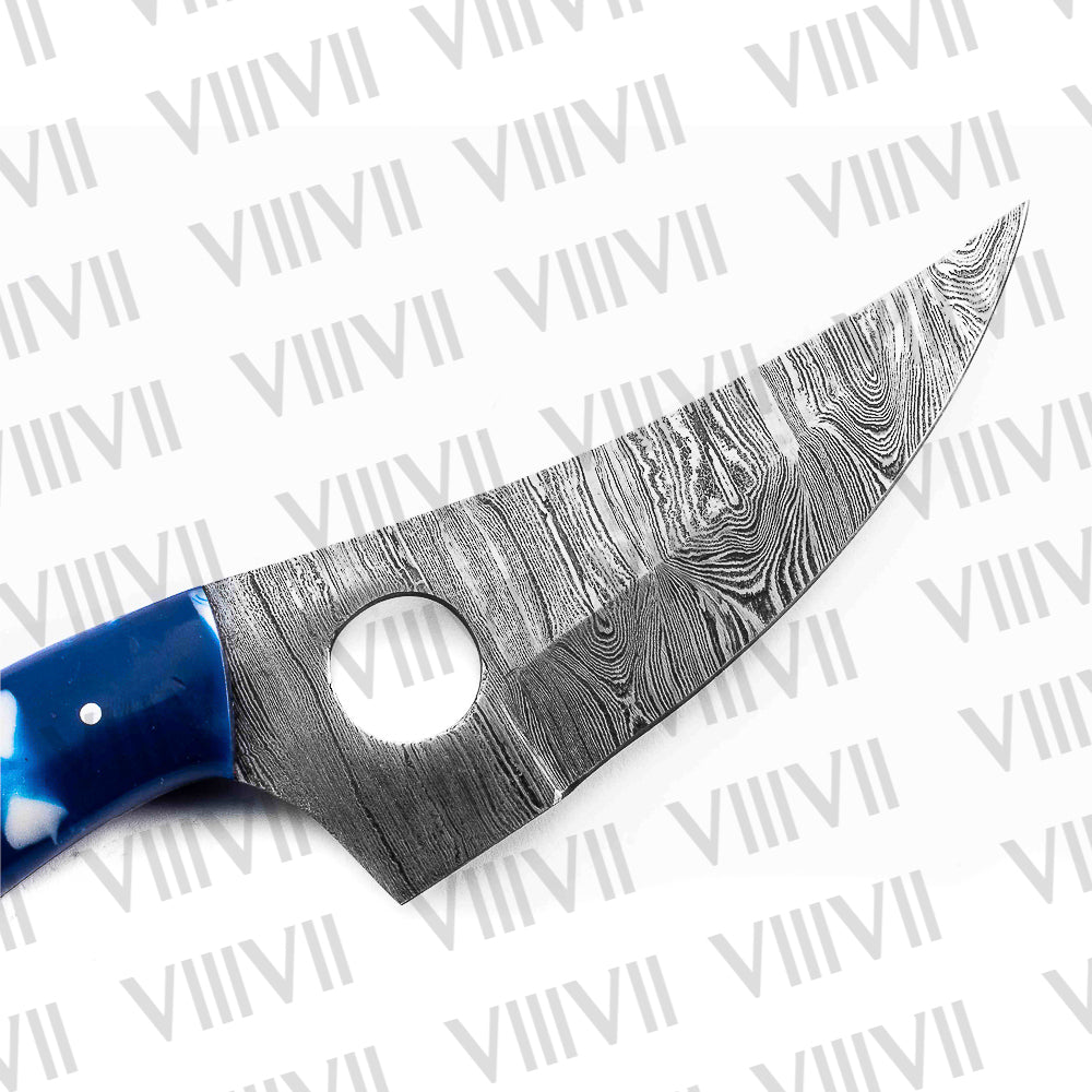 Custom Knife Forged in Damascus Steel with Beautiful Blue Resin Handle Riveted with Brass Mosaic Pins – Hunting & Outdoor Blade