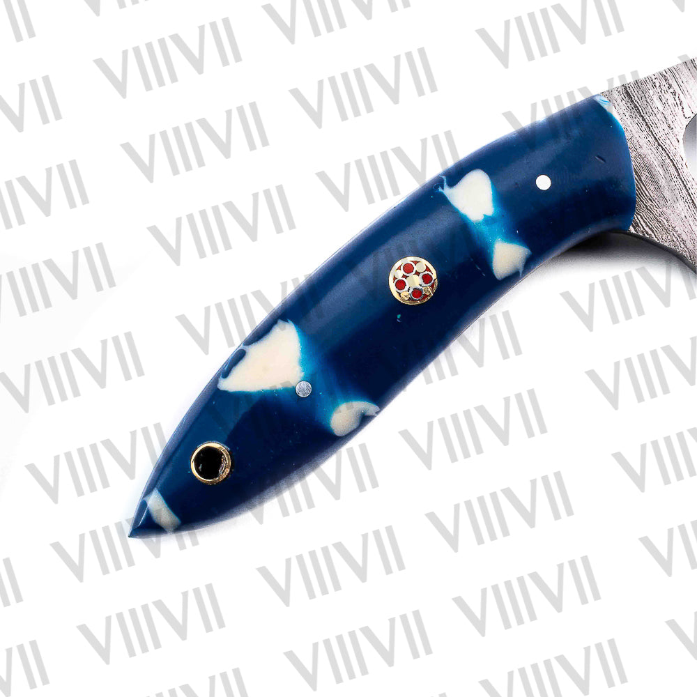 Custom Knife Forged in Damascus Steel with Beautiful Blue Resin Handle Riveted with Brass Mosaic Pins – Hunting & Outdoor Blade