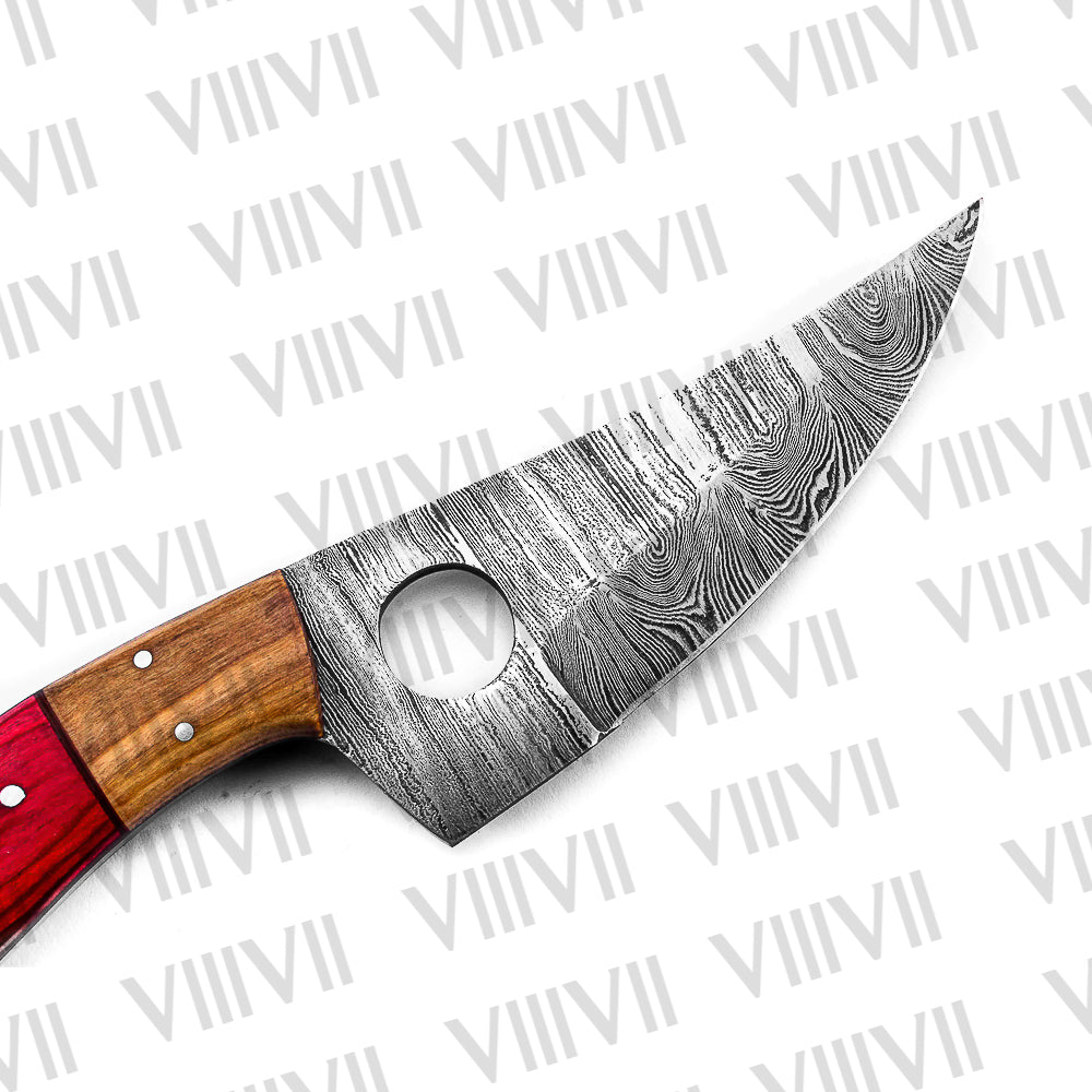 Handmade Damascus Steel Knife with Twisted Pattern & Red Ashwood Handle – Outdoor & Kitchen Tool