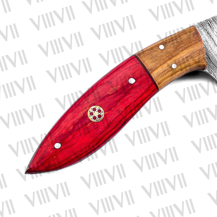 Handmade Damascus Steel Knife with Twisted Pattern & Red Ashwood Handle – Outdoor & Kitchen Tool