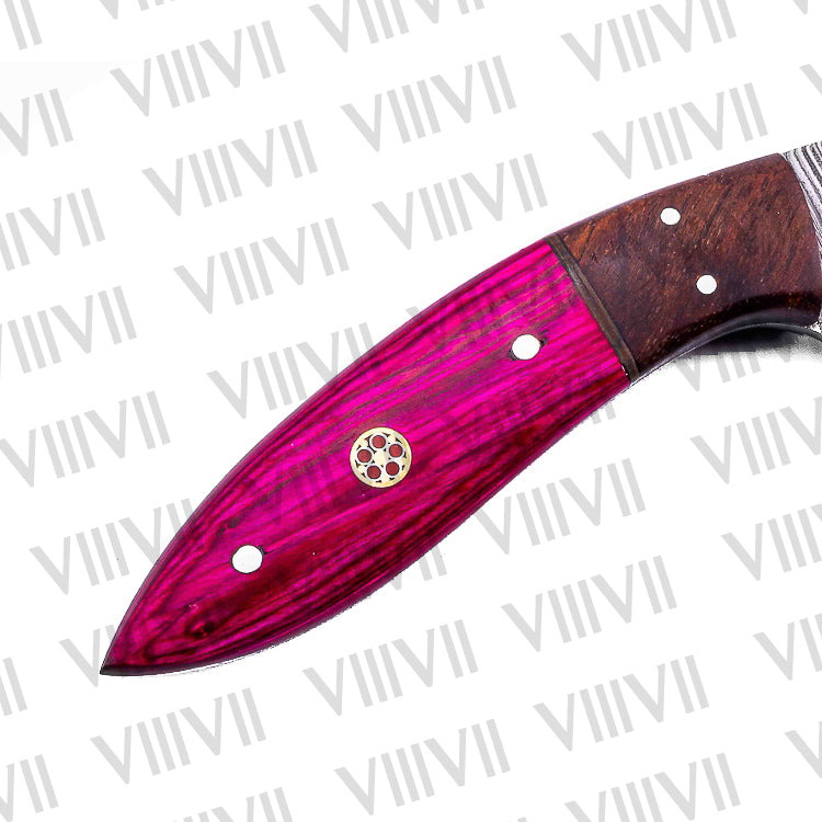 Handmade Damascus Steel Knife with Twisted Pattern & Pink Wood Handle – Outdoor & Kitchen Use