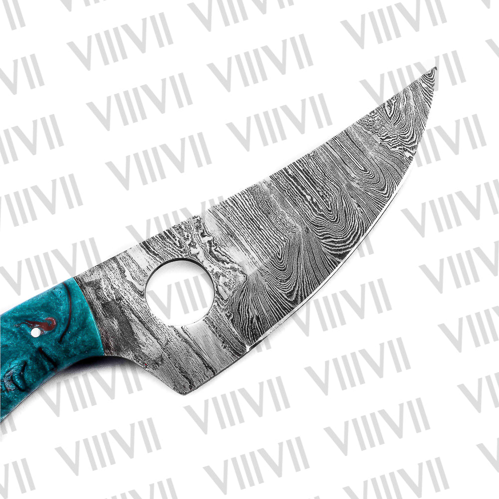 Custom Knife Forged in Damascus Steel with Beautiful Aqua Resin Handle
