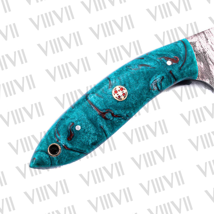 Custom Knife Forged in Damascus Steel with Beautiful Aqua Resin Handle