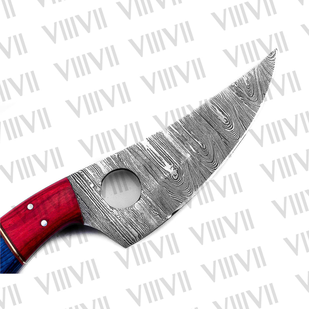 Custom Knife Forged in Damascus Steel with Beautiful Blue Wood Handle