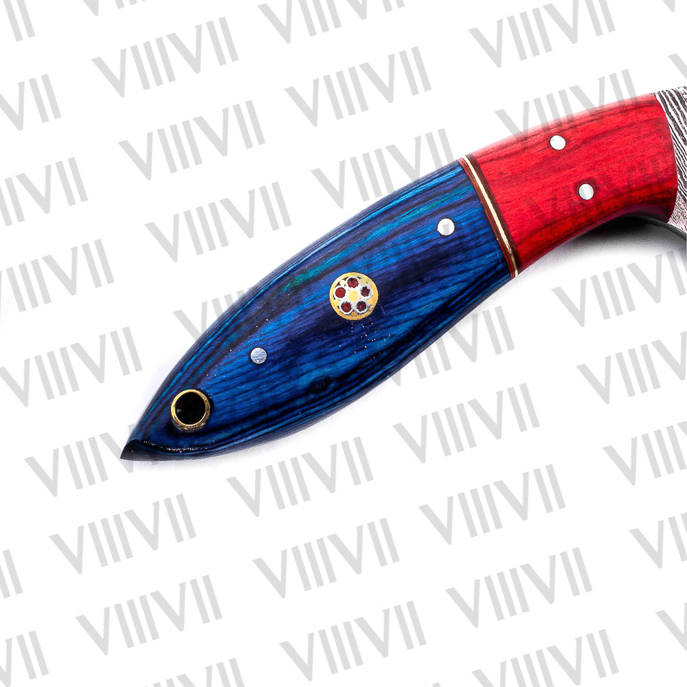 Custom Knife Forged in Damascus Steel with Beautiful Blue Wood Handle