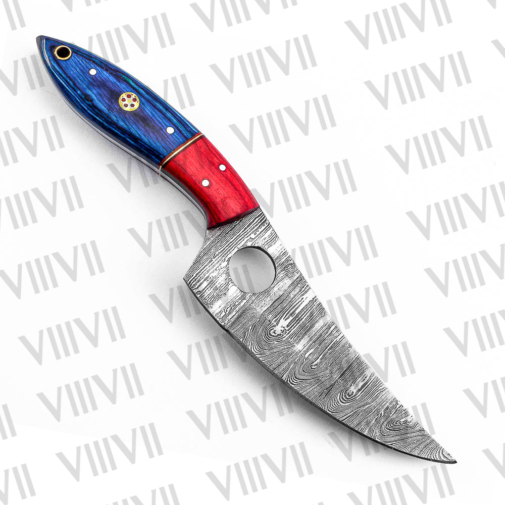 Custom Knife Forged in Damascus Steel with Beautiful Blue Wood Handle