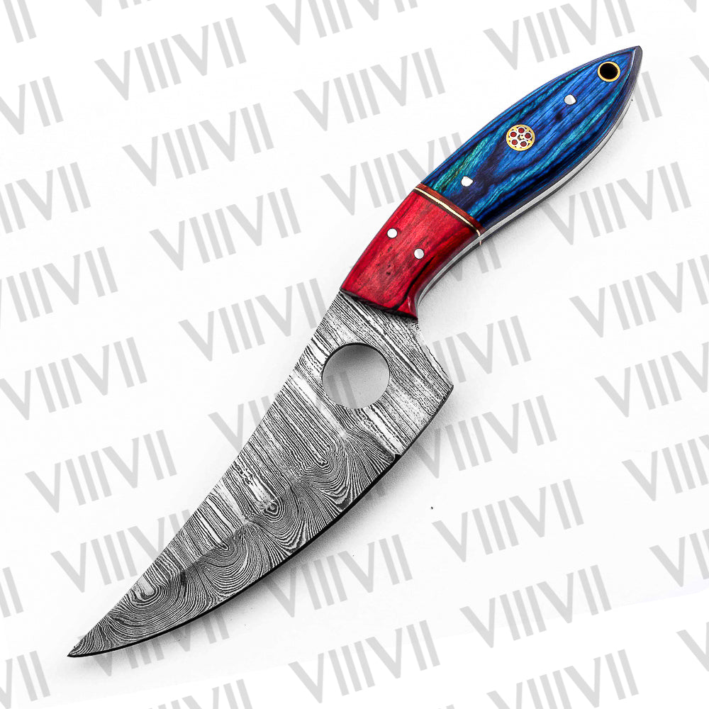 Custom Knife Forged in Damascus Steel with Beautiful Blue Wood Handle