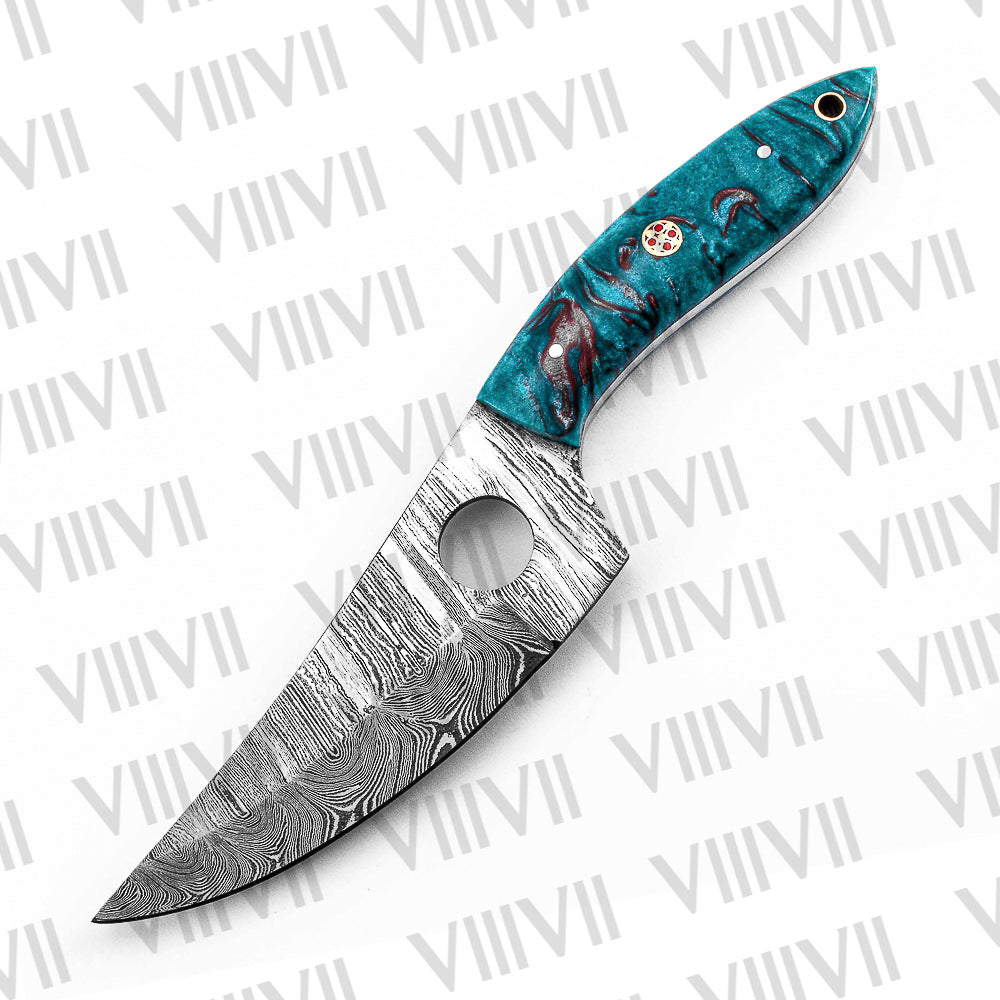 Custom Knife Forged in Damascus Steel with Beautiful Aqua Resin Handle