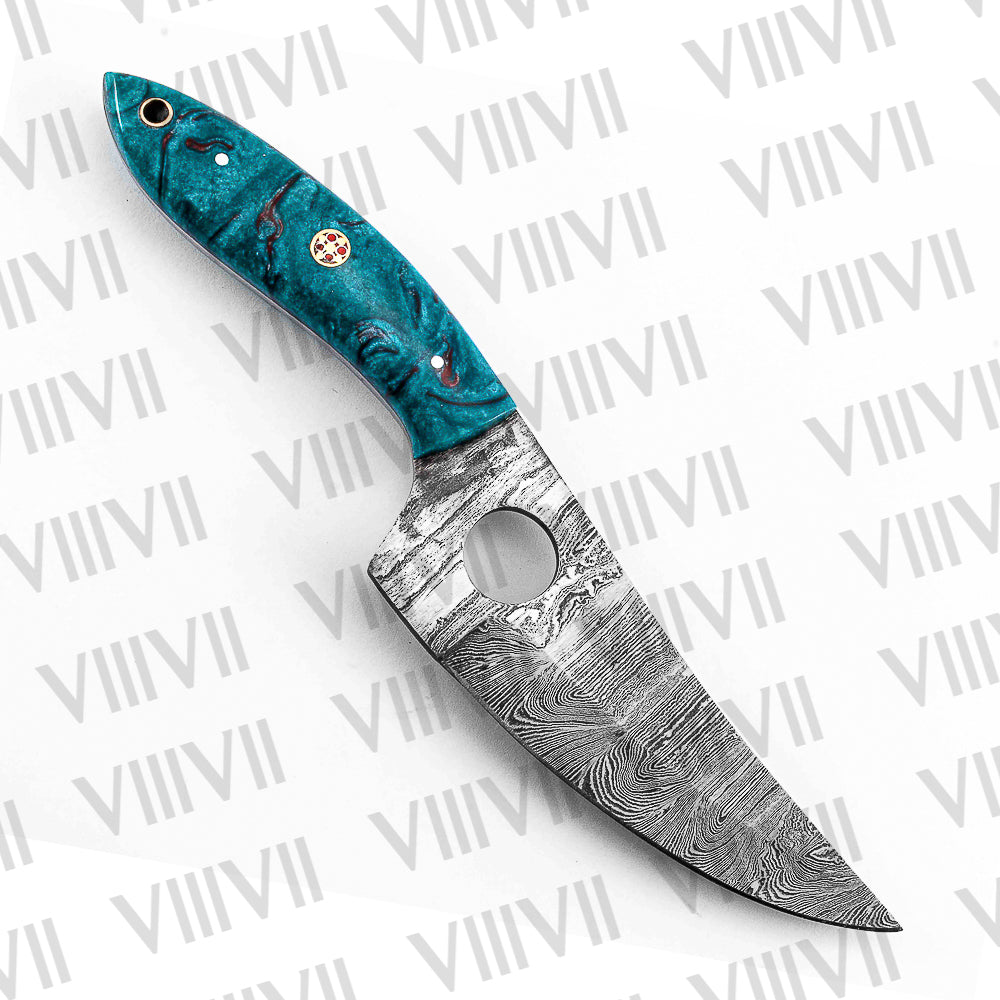 Custom Knife Forged in Damascus Steel with Beautiful Aqua Resin Handle