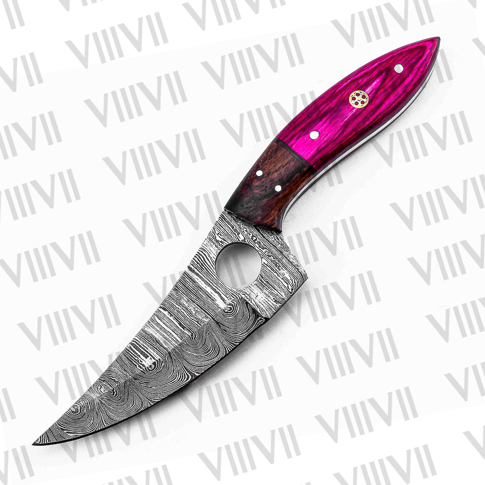 Handmade Damascus Steel Knife with Twisted Pattern & Pink Wood Handle – Outdoor & Kitchen Use